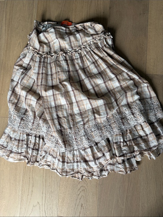 Quinze Heures Trente Dresses & Skirts - PARIS Plaid Crochet-Trim Cotton Midi Skirt in Cream and Brown